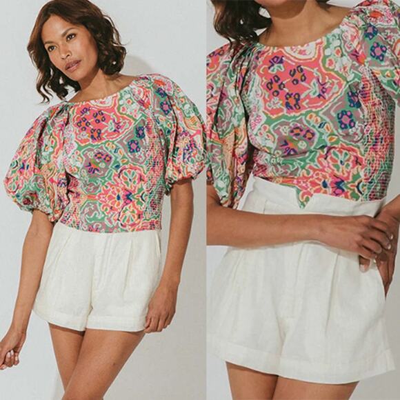 NWT Cleobella Aminah Puff Sleeves Smocked Cropped Top in Print Panama - Picture 1 of 11